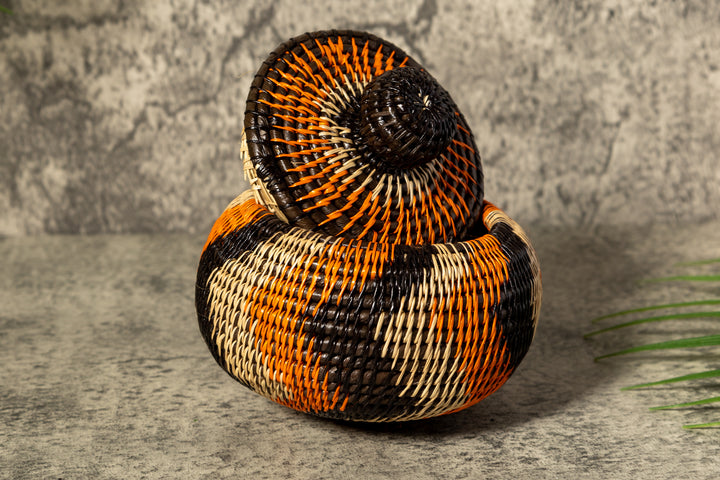 Orange Black And Gray Swirl Woven Basket With Top