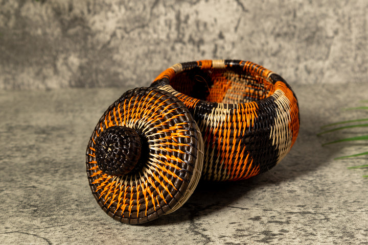 Orange Black And Gray Swirl Woven Basket With Top