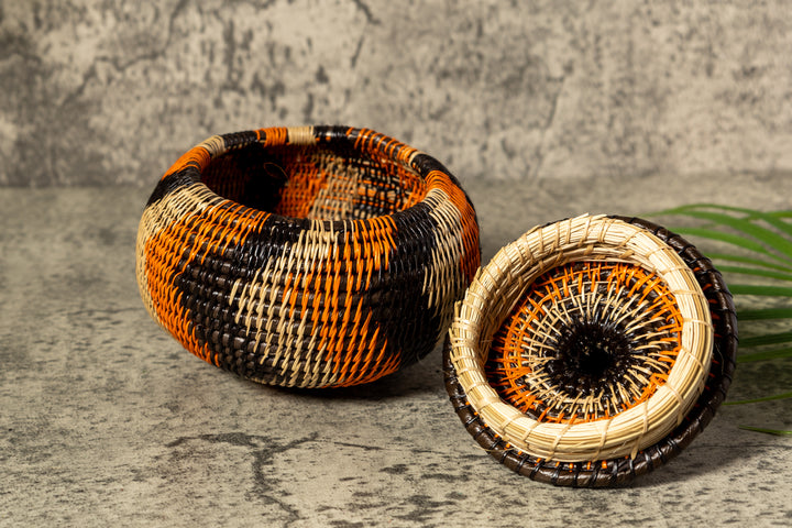 Orange Black And Gray Swirl Woven Basket With Top