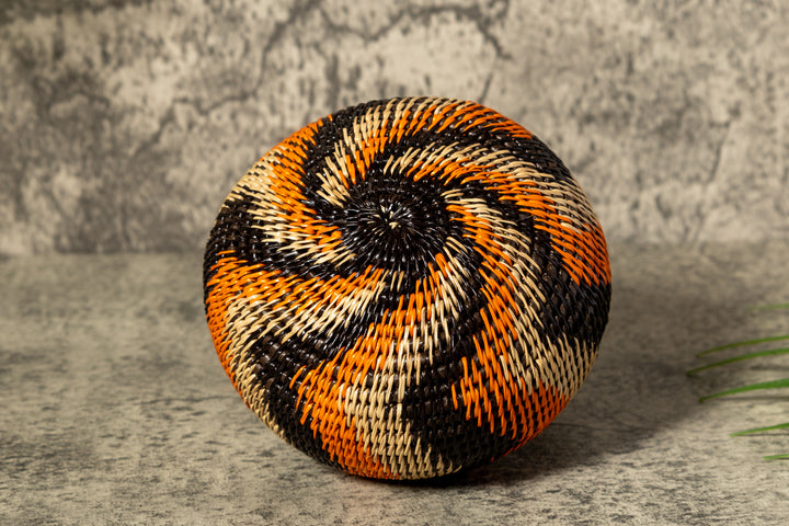 Orange Black And Gray Swirl Woven Basket With Top