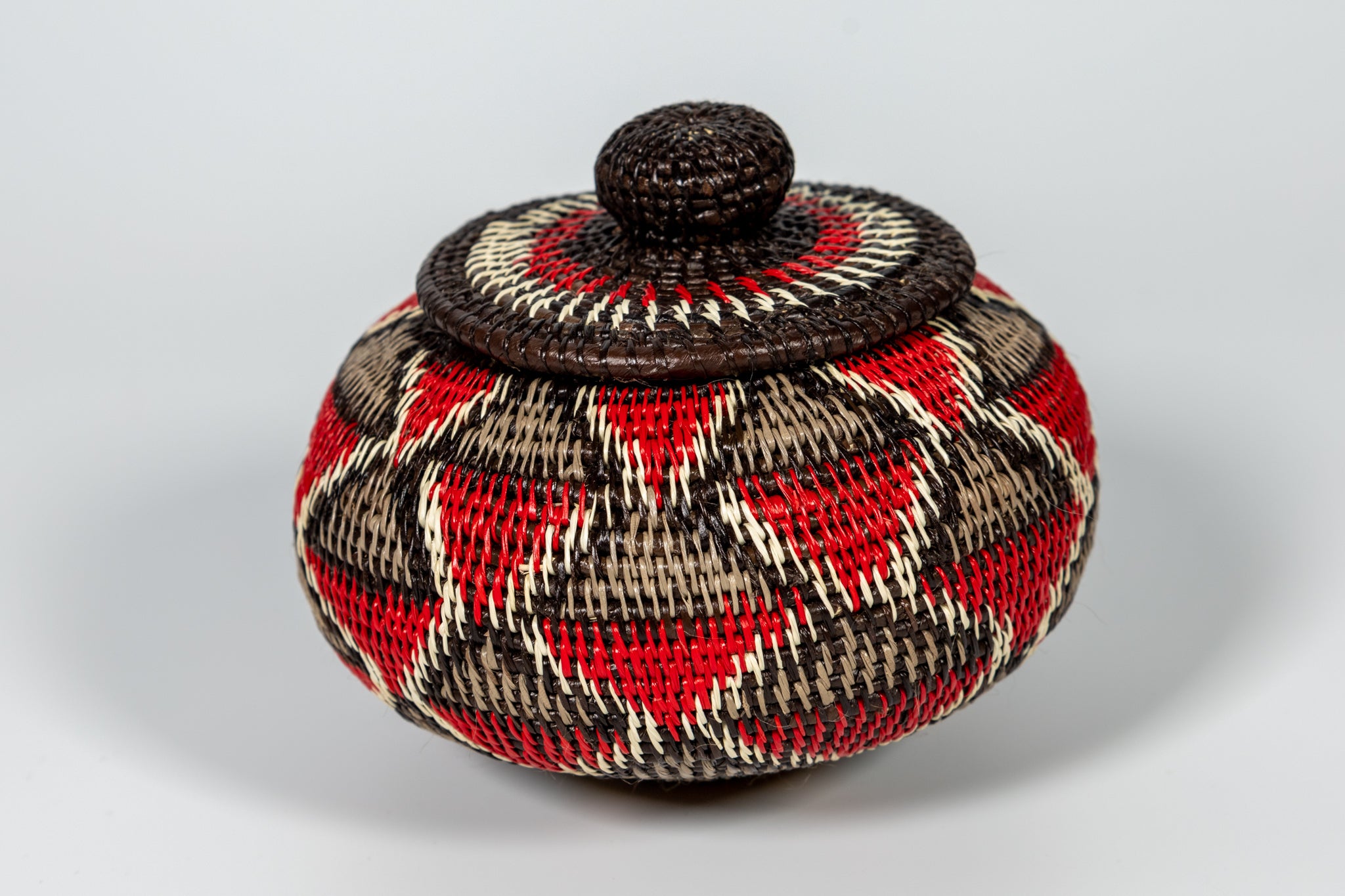 Red And Gray Woven Basket With Top
