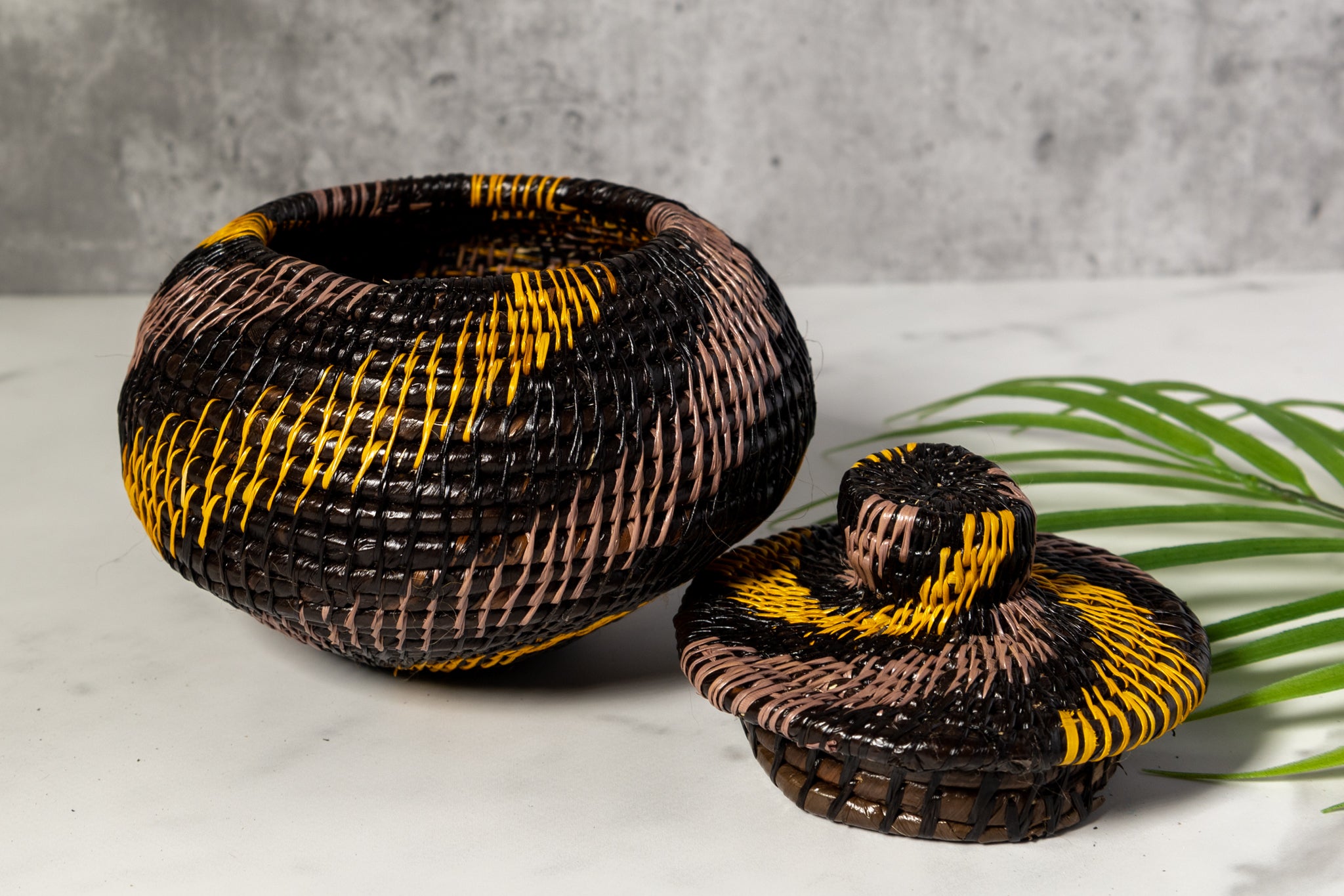 Black And Gold Swirl Woven Basket With Top