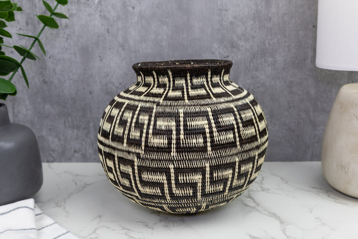 Greek Key Black and White Woven Basket