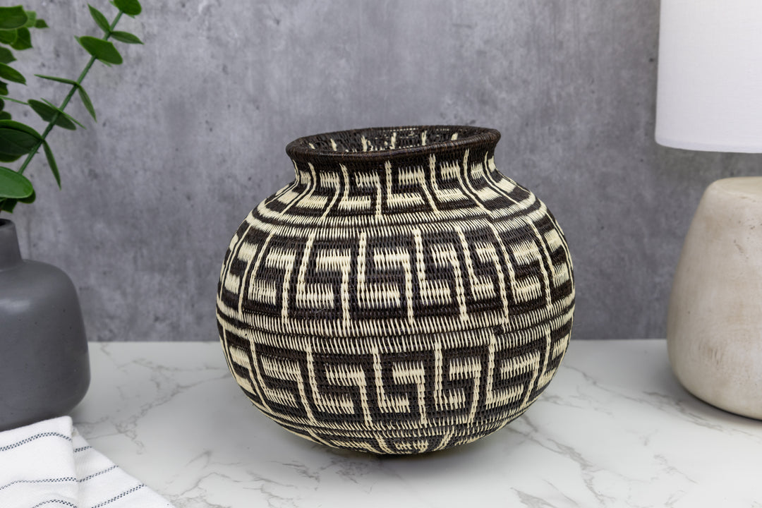 Greek Key Black and White Woven Basket