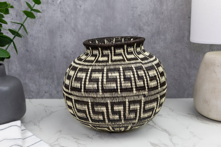 Greek Key Black and White Woven Basket