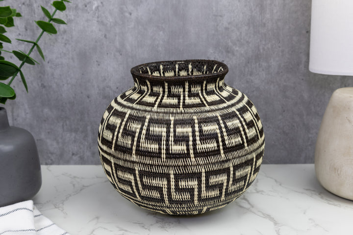 Greek Key Black and White Woven Basket