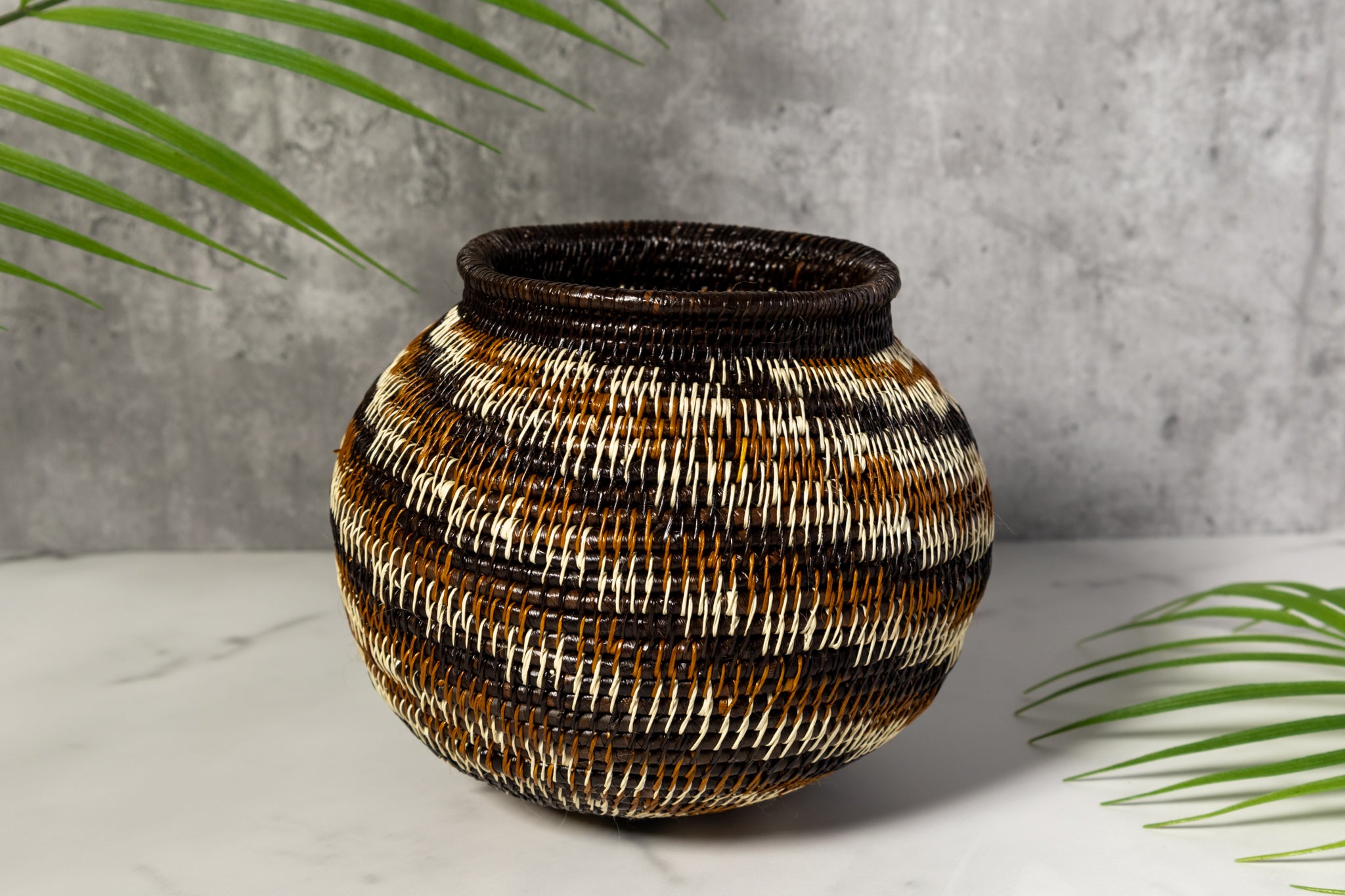 Brown Black White Spiral Woven Basket