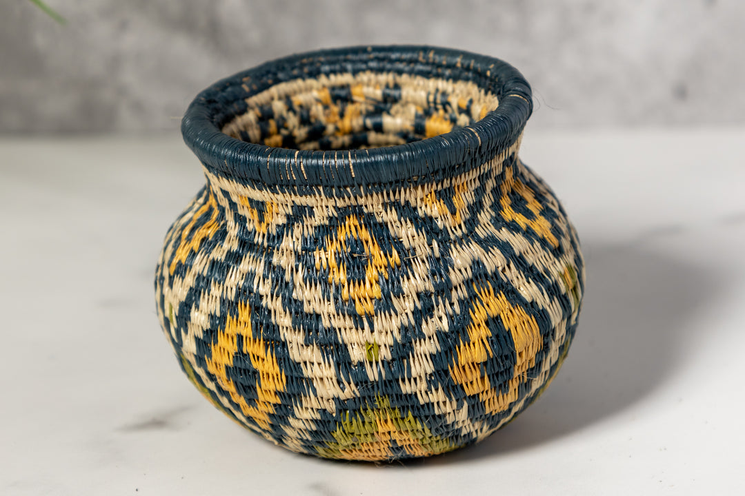 Small Gold Green And Gray Diamond Woven Basket