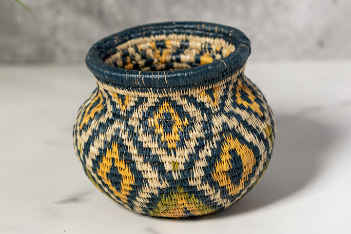 Small Gold Green And Gray Diamond Woven Basket