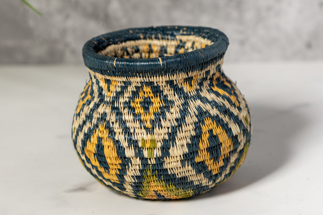 Small Gold Green And Gray Diamond Woven Basket