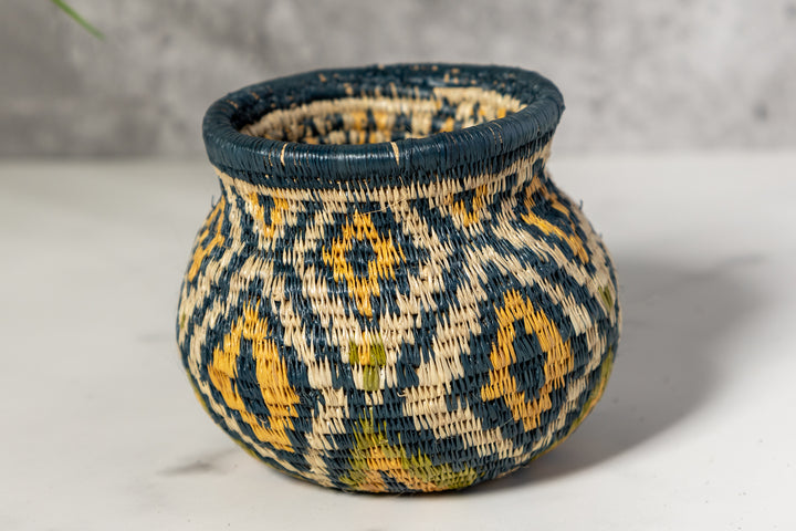 Small Gold Green And Gray Diamond Woven Basket