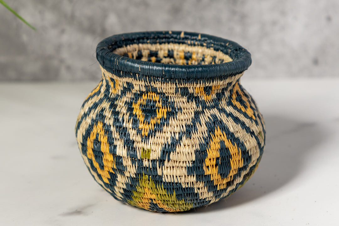 Small Gold Green And Gray Diamond Woven Basket