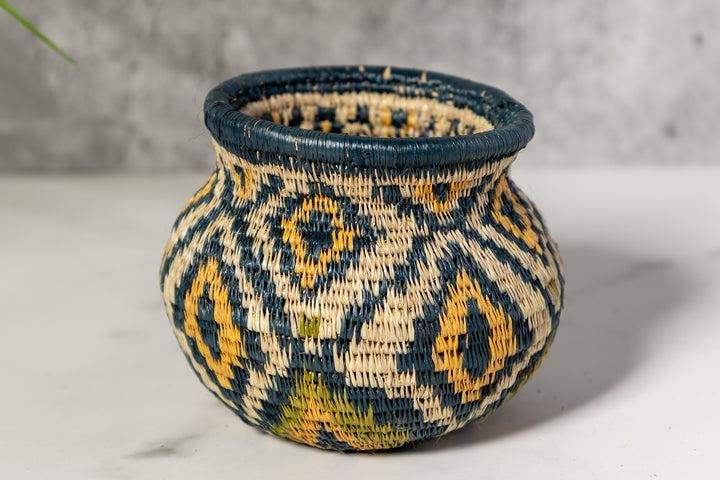 Small Gold Green And Gray Diamond Woven Basket