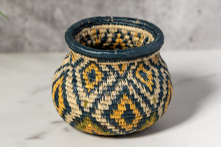 Small Gold Green And Gray Diamond Woven Basket