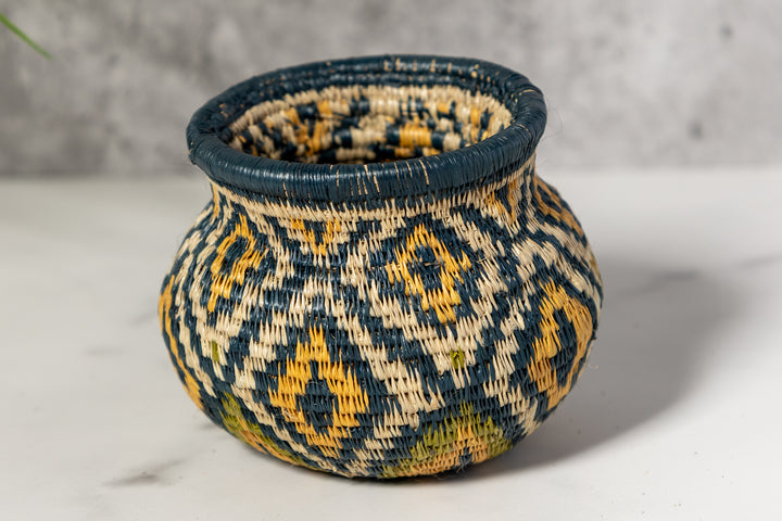 Small Gold Green And Gray Diamond Woven Basket