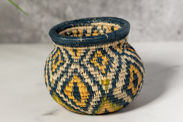 Small Gold Green And Gray Diamond Woven Basket