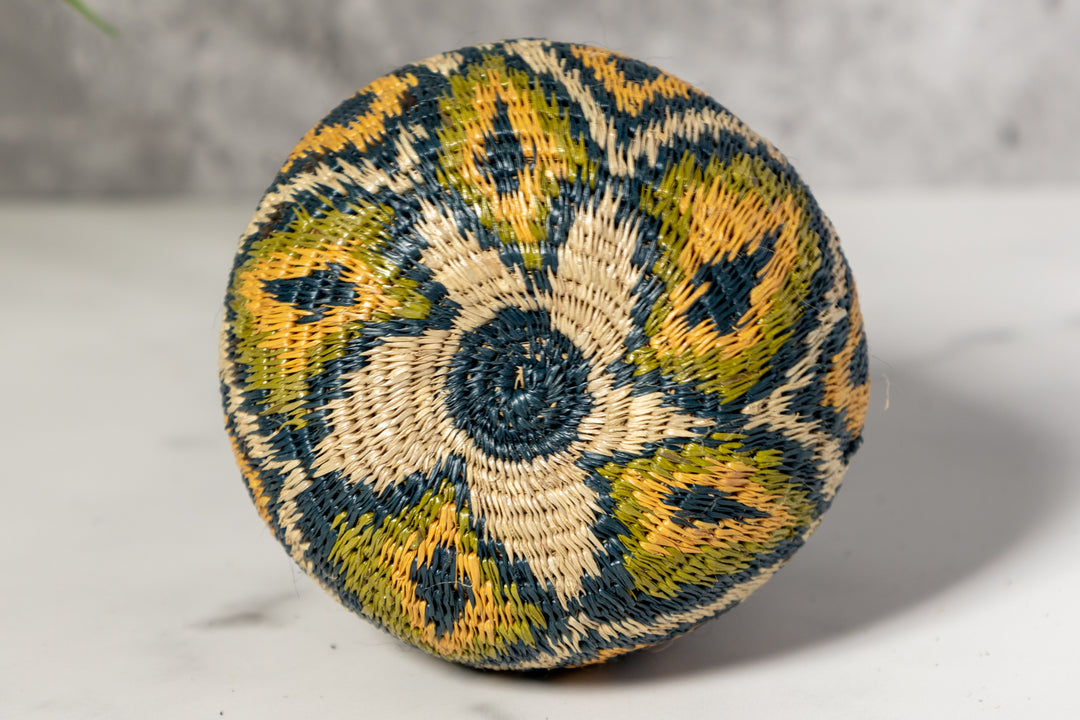 Small Gold Green And Gray Diamond Woven Basket