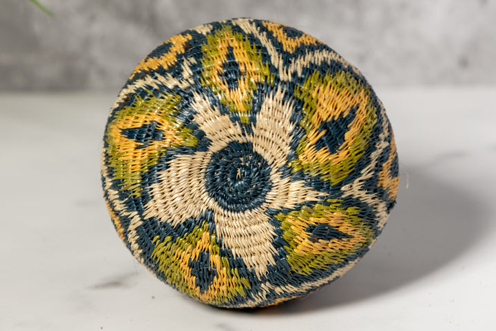 Small Gold Green And Gray Diamond Woven Basket