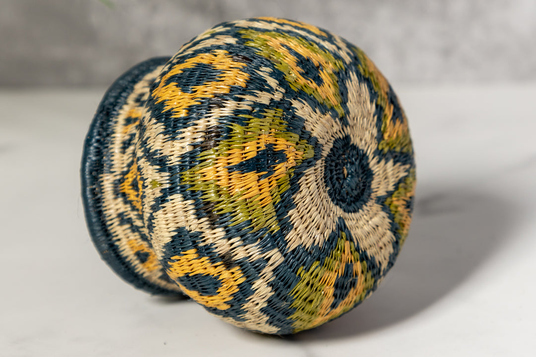 Small Gold Green And Gray Diamond Woven Basket