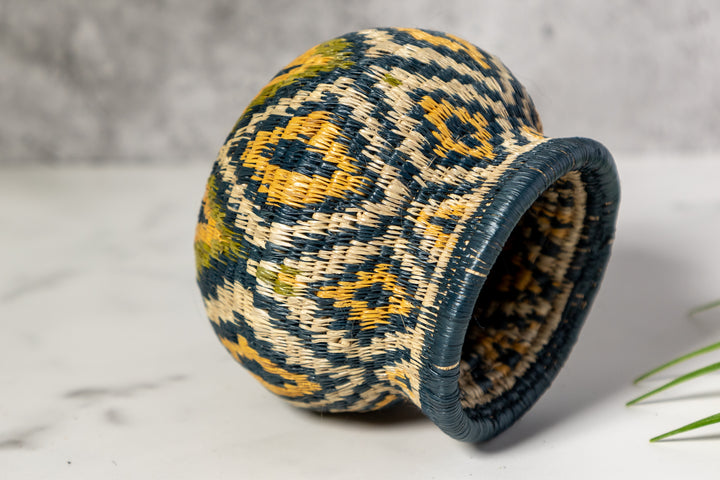 Small Gold Green And Gray Diamond Woven Basket