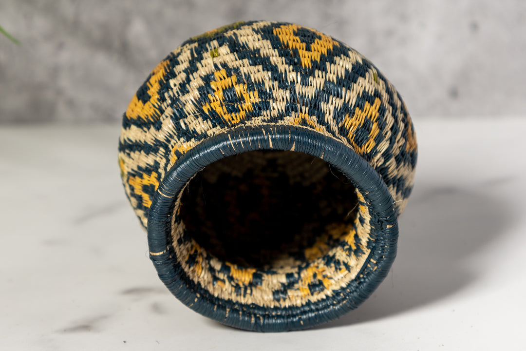 Small Gold Green And Gray Diamond Woven Basket