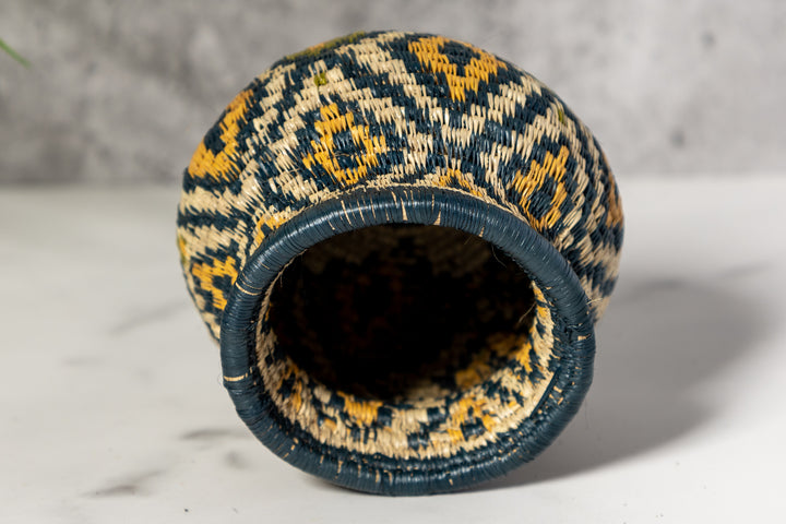 Small Gold Green And Gray Diamond Woven Basket