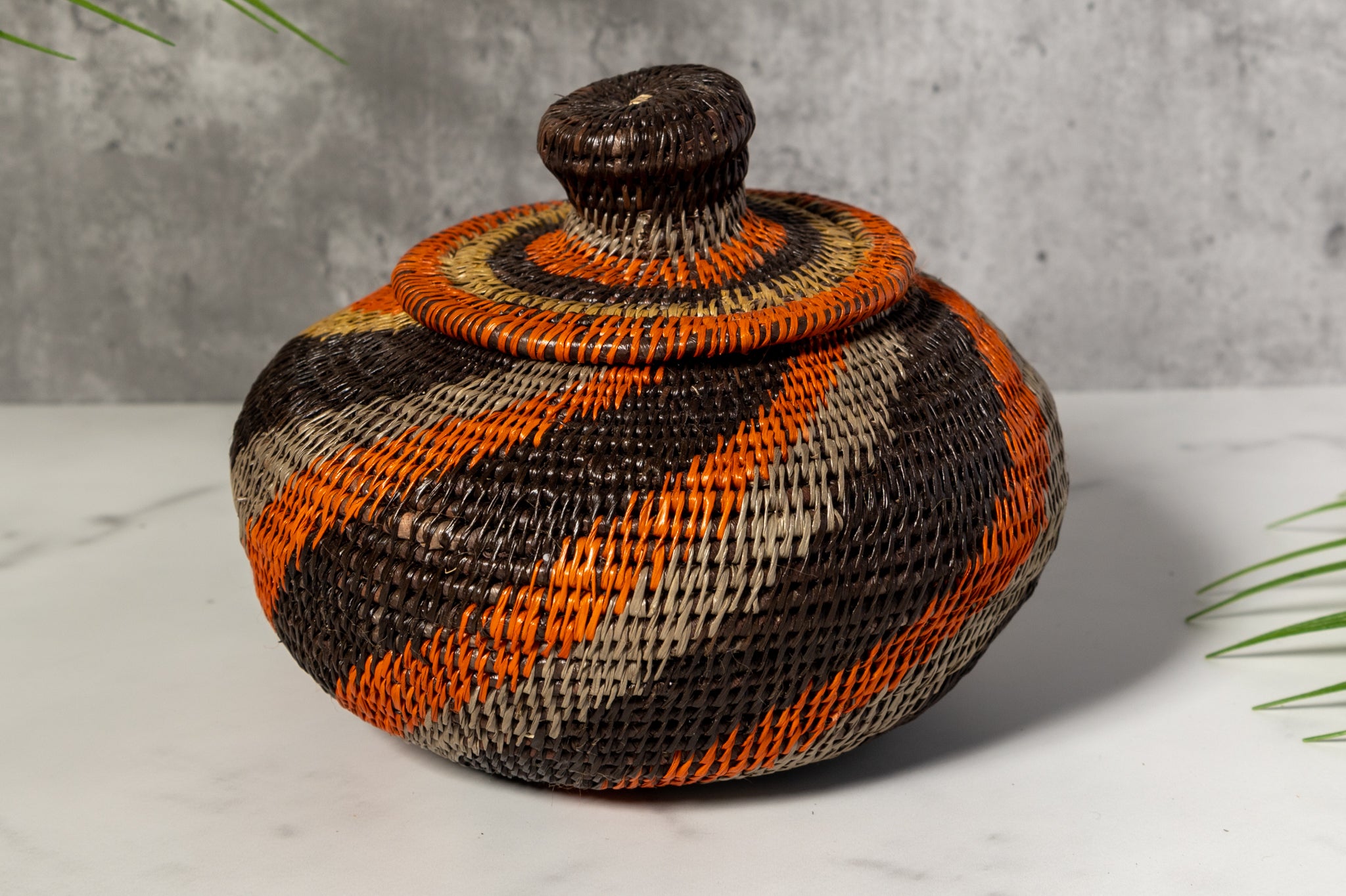 Black orange And Gray Woven Basket With Top