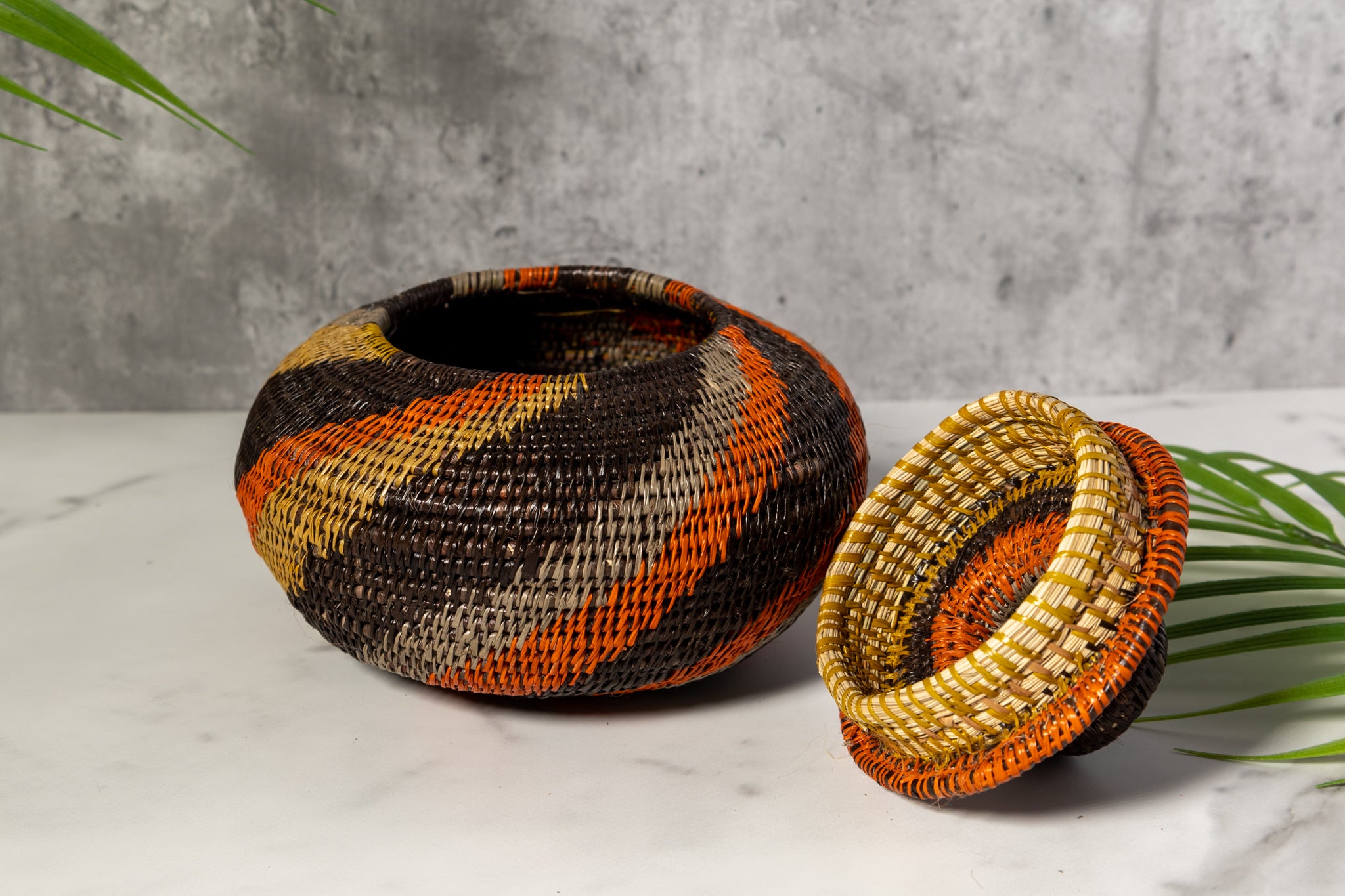 Black orange And Gray Woven Basket With Top
