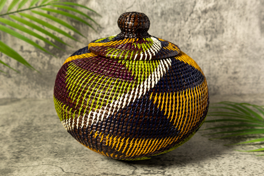 Green Swirl Woven Basket With Top