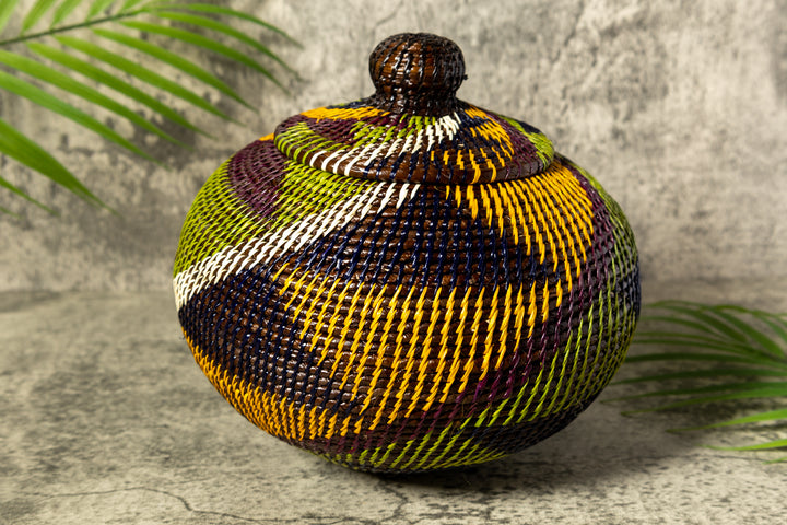 Green Swirl Woven Basket With Top