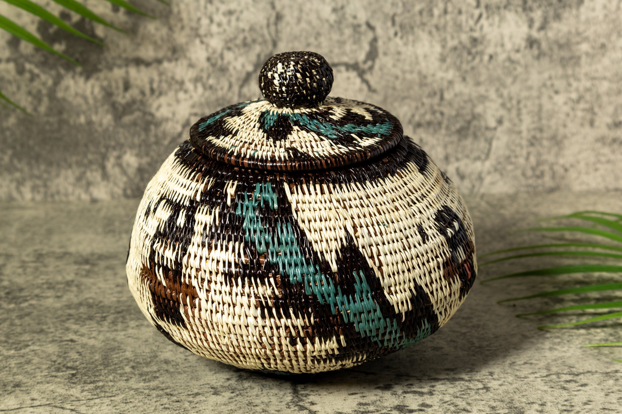 Palm Fronds Woven Basket With Top