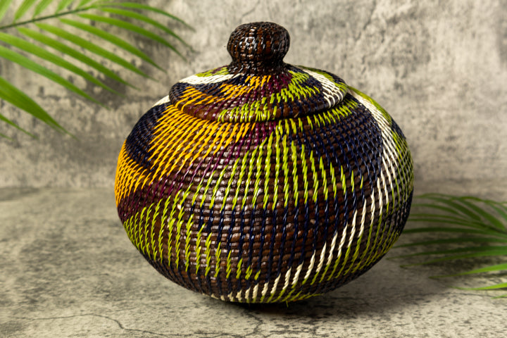 Green Swirl Woven Basket With Top