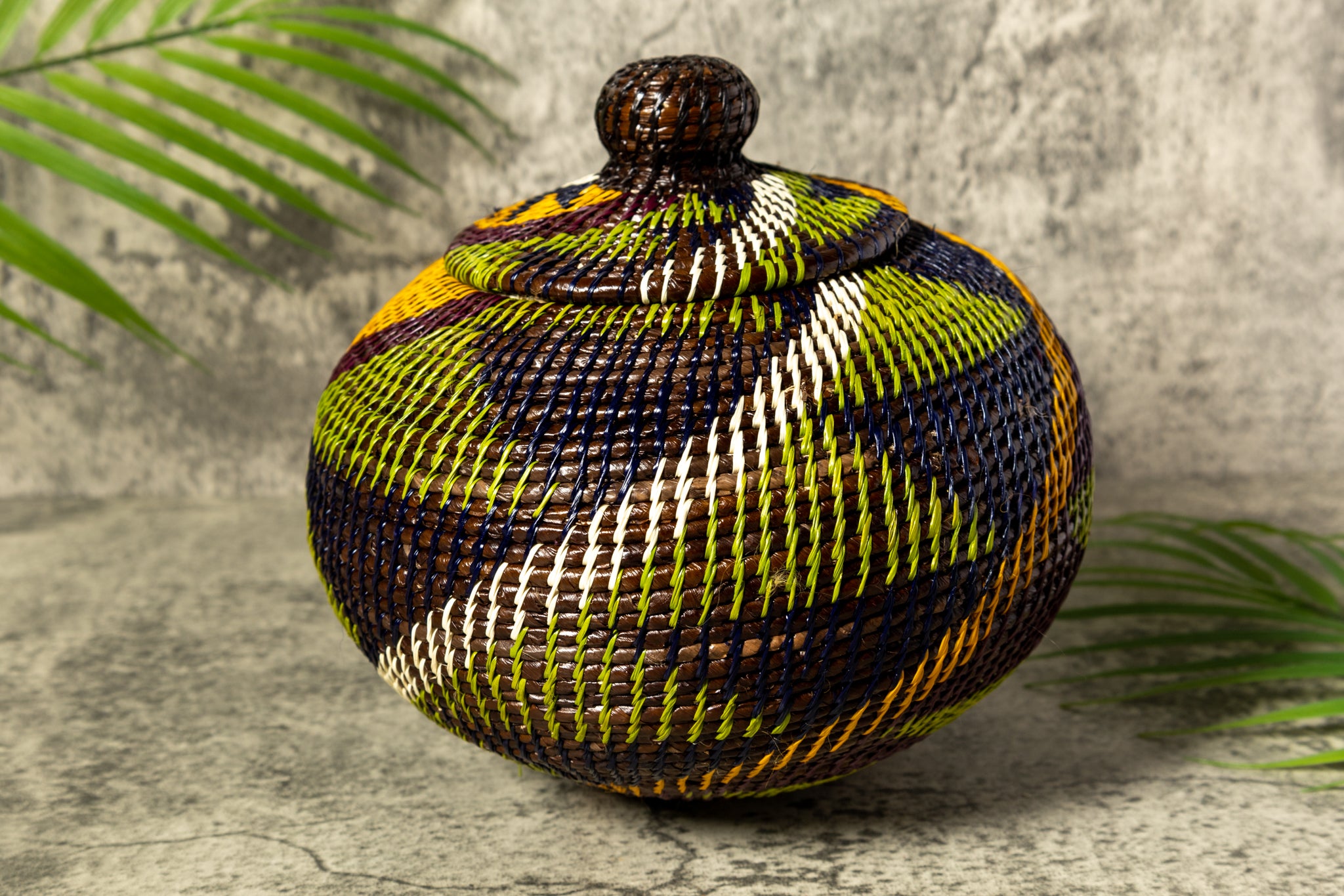 Green Swirl Woven Basket With Top