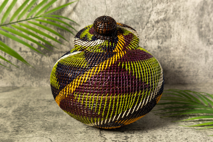 Green Swirl Woven Basket With Top