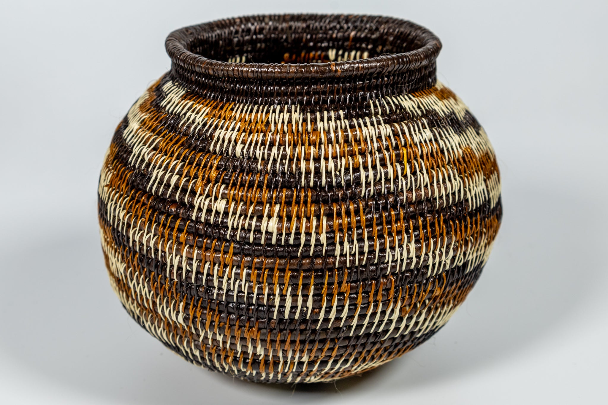 Brown Black White Spiral Woven Basket
