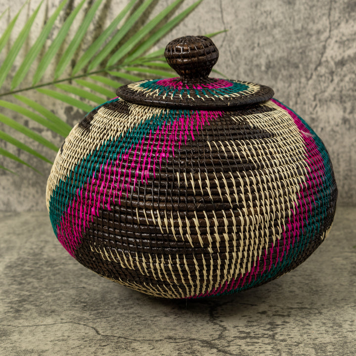 Purple Green Black And White Palm Frond Rainforest Basket With Top