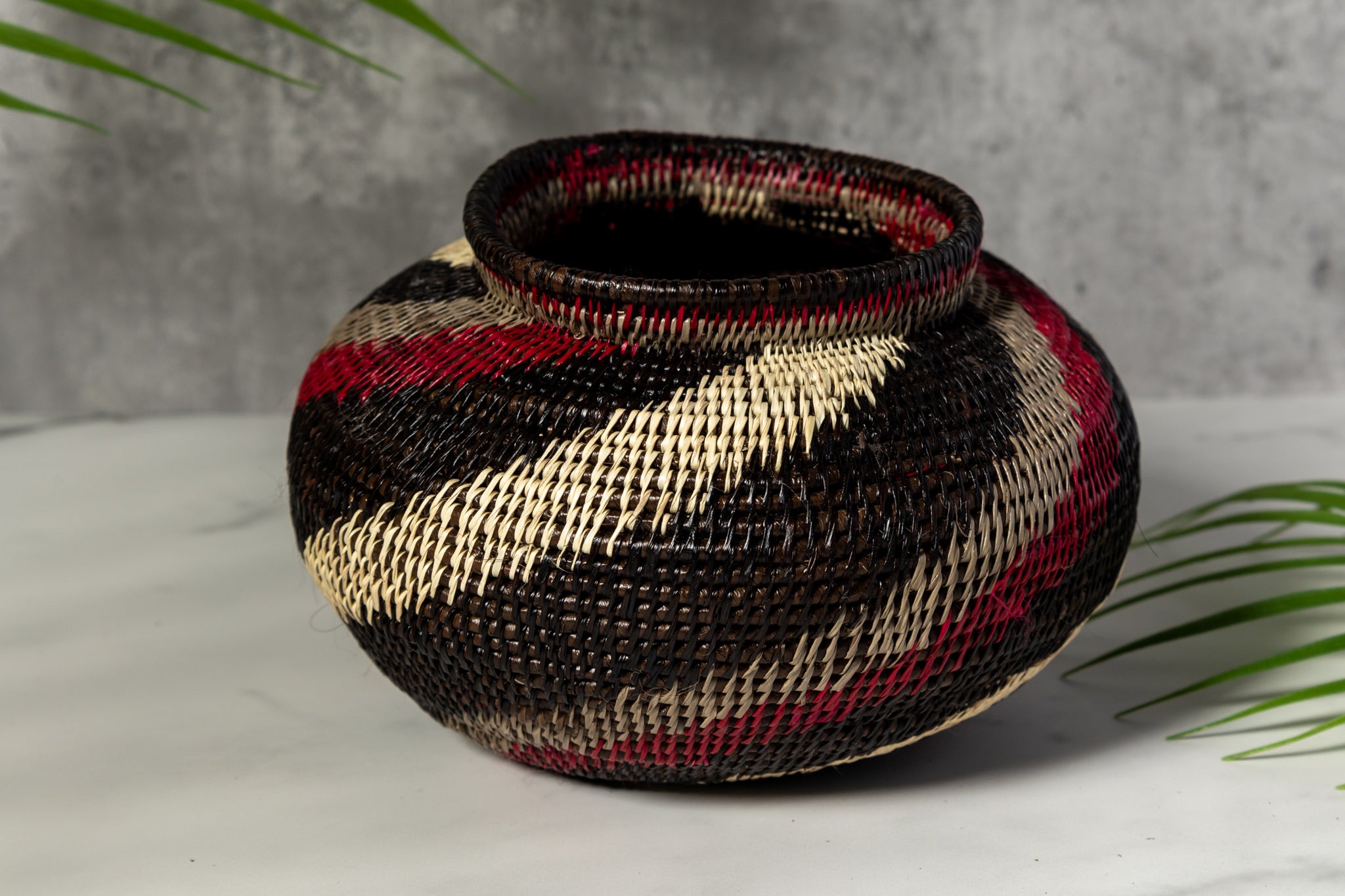 Black White And Red Spiral Woven Basket