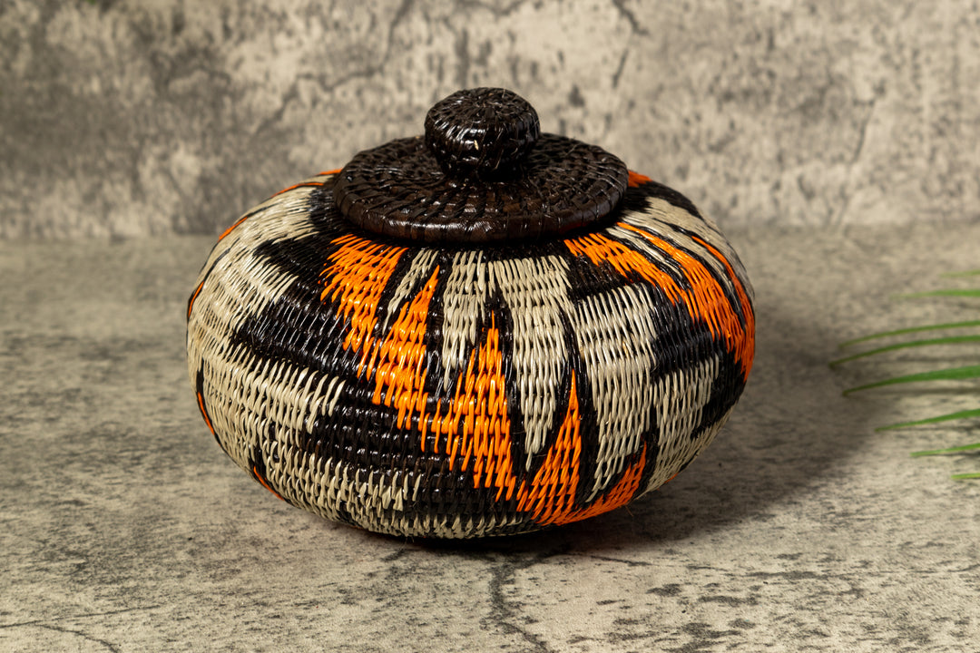 Strange Palm Frond Woven Basket With Top