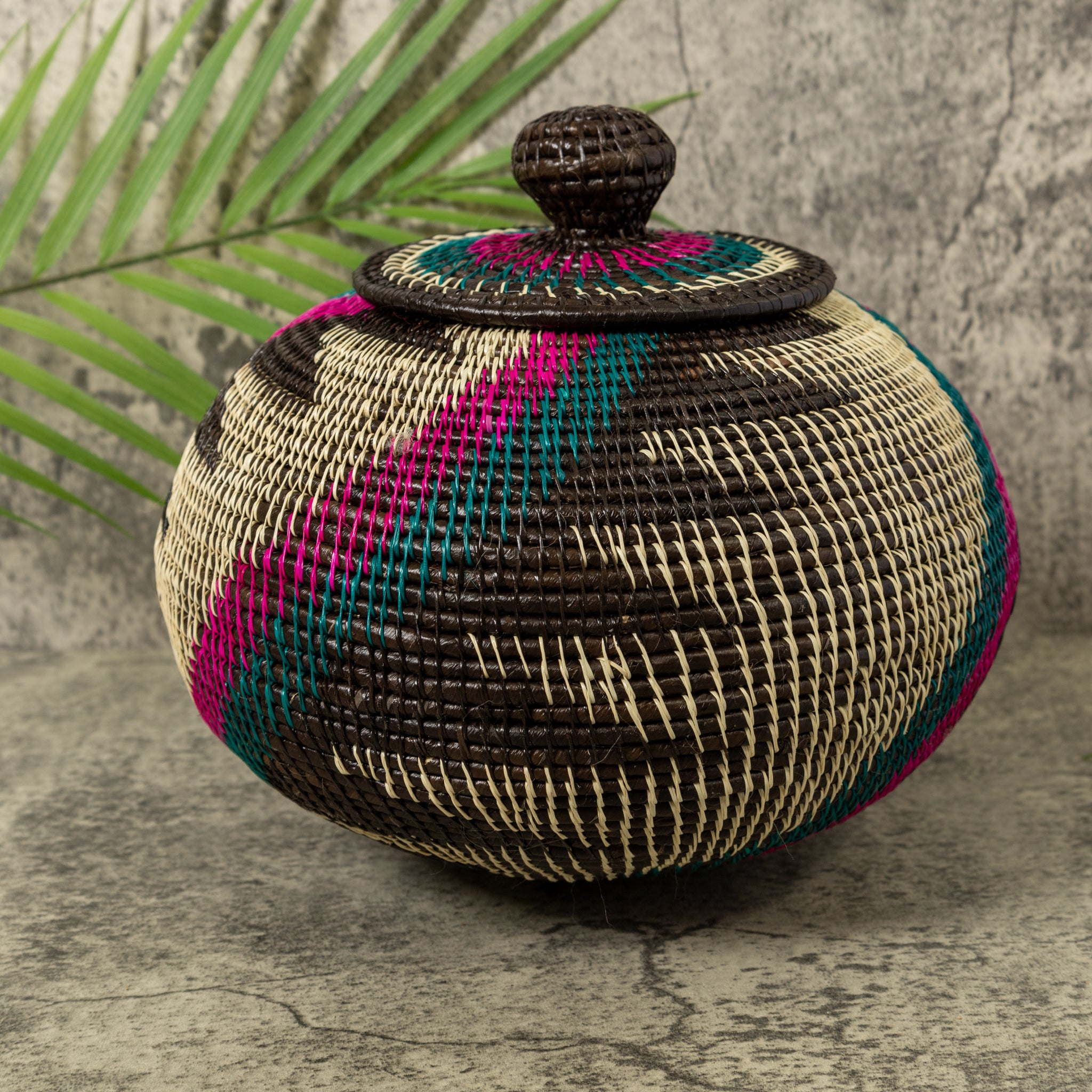Purple Green Black And White Palm Frond Rainforest Basket With Top