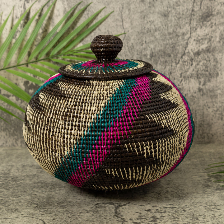 Purple Green Black And White Palm Frond Rainforest Basket With Top
