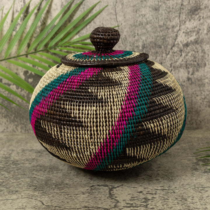 Purple Green Black And White Palm Frond Rainforest Basket With Top