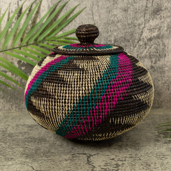 Purple Green Black And White Palm Frond Rainforest Basket With Top
