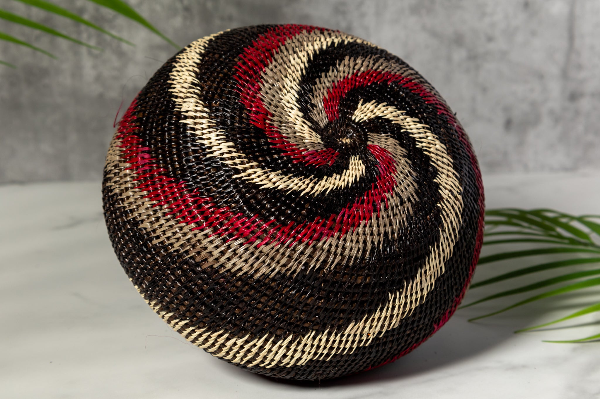 Black White And Red Spiral Woven Basket