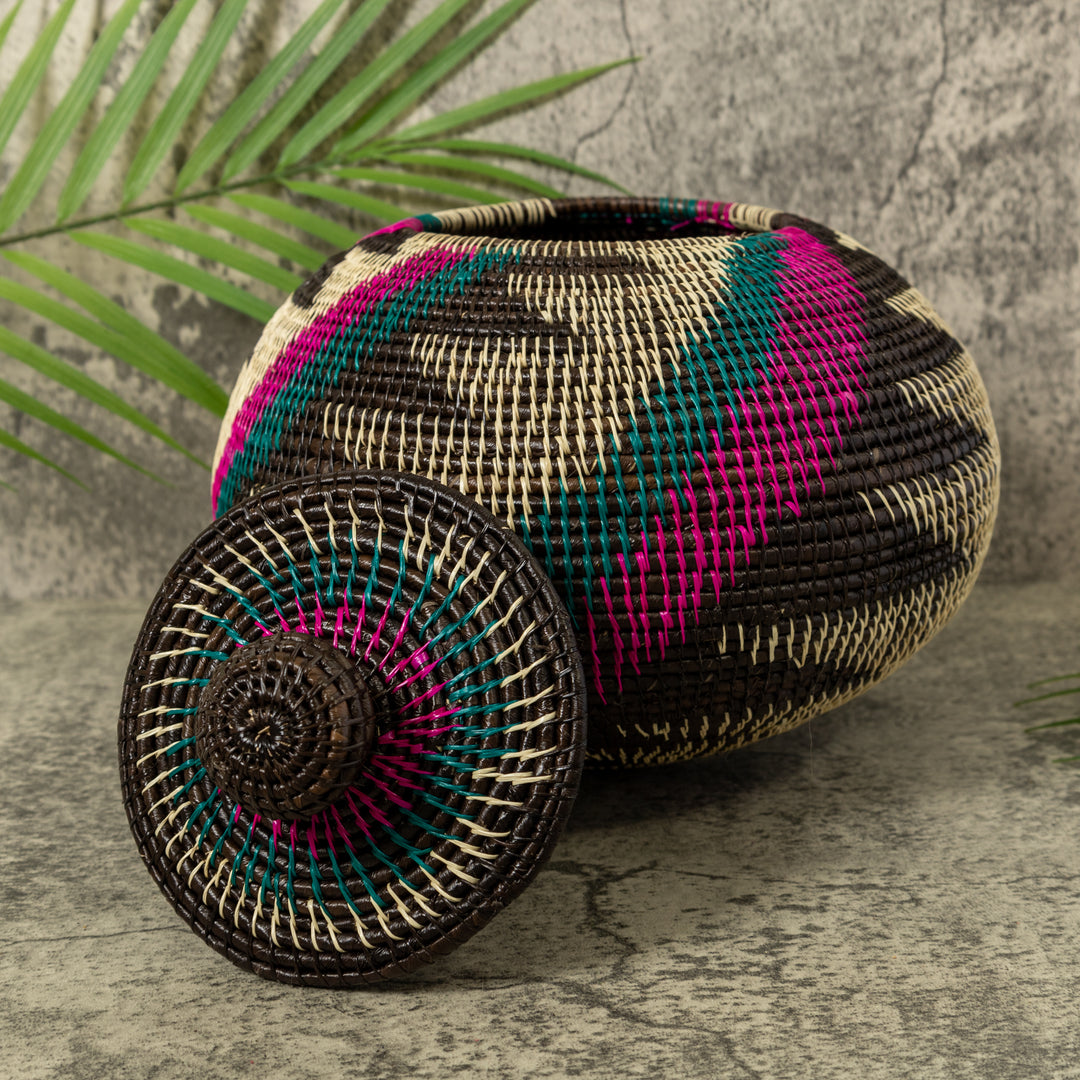 Purple Green Black And White Palm Frond Rainforest Basket With Top
