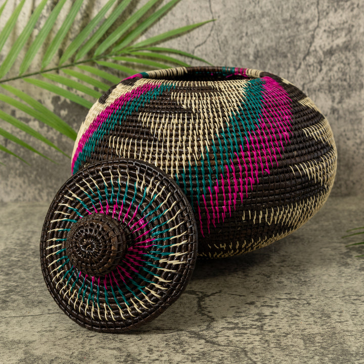 Purple Green Black And White Palm Frond Rainforest Basket With Top