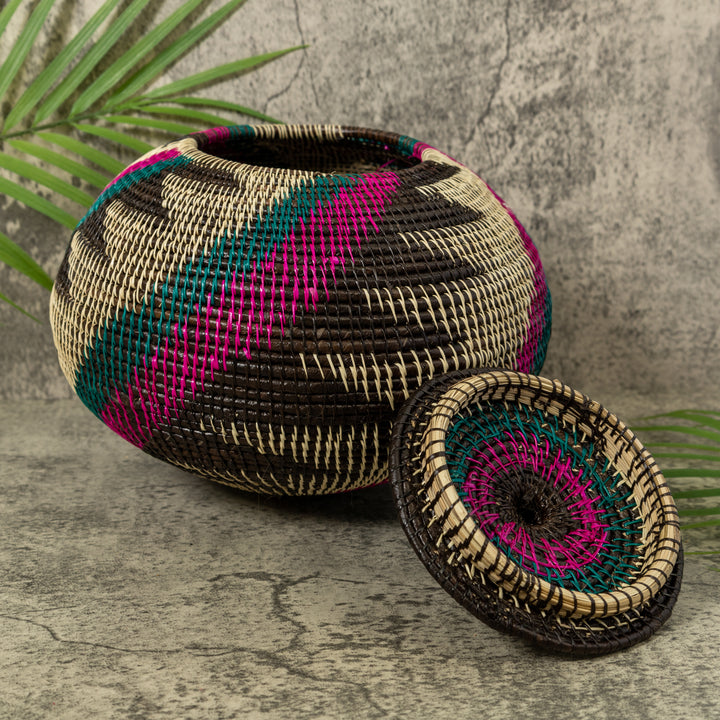 Purple Green Black And White Palm Frond Rainforest Basket With Top