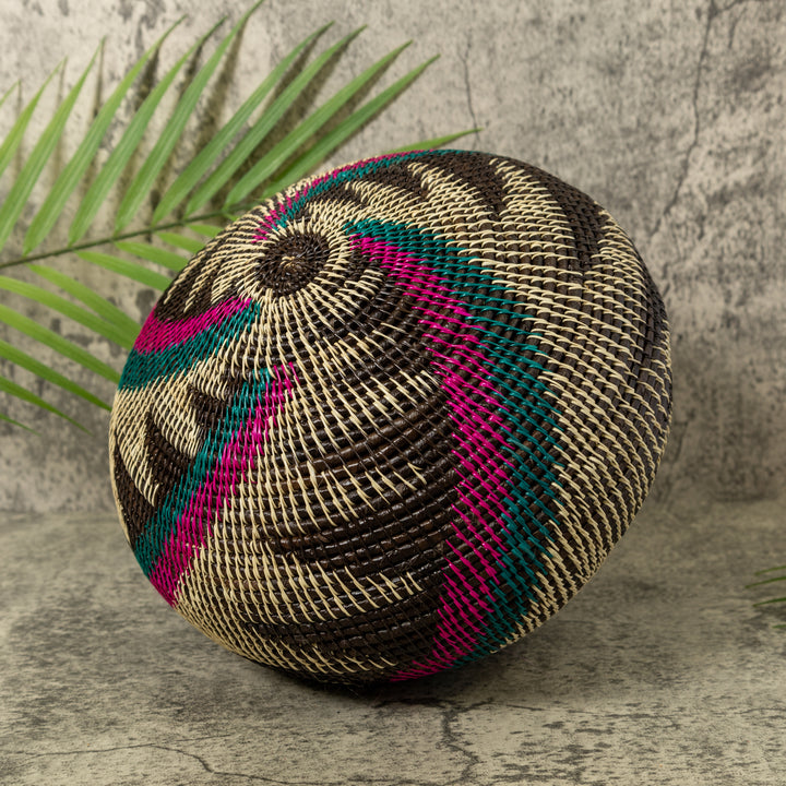 Purple Green Black And White Palm Frond Rainforest Basket With Top