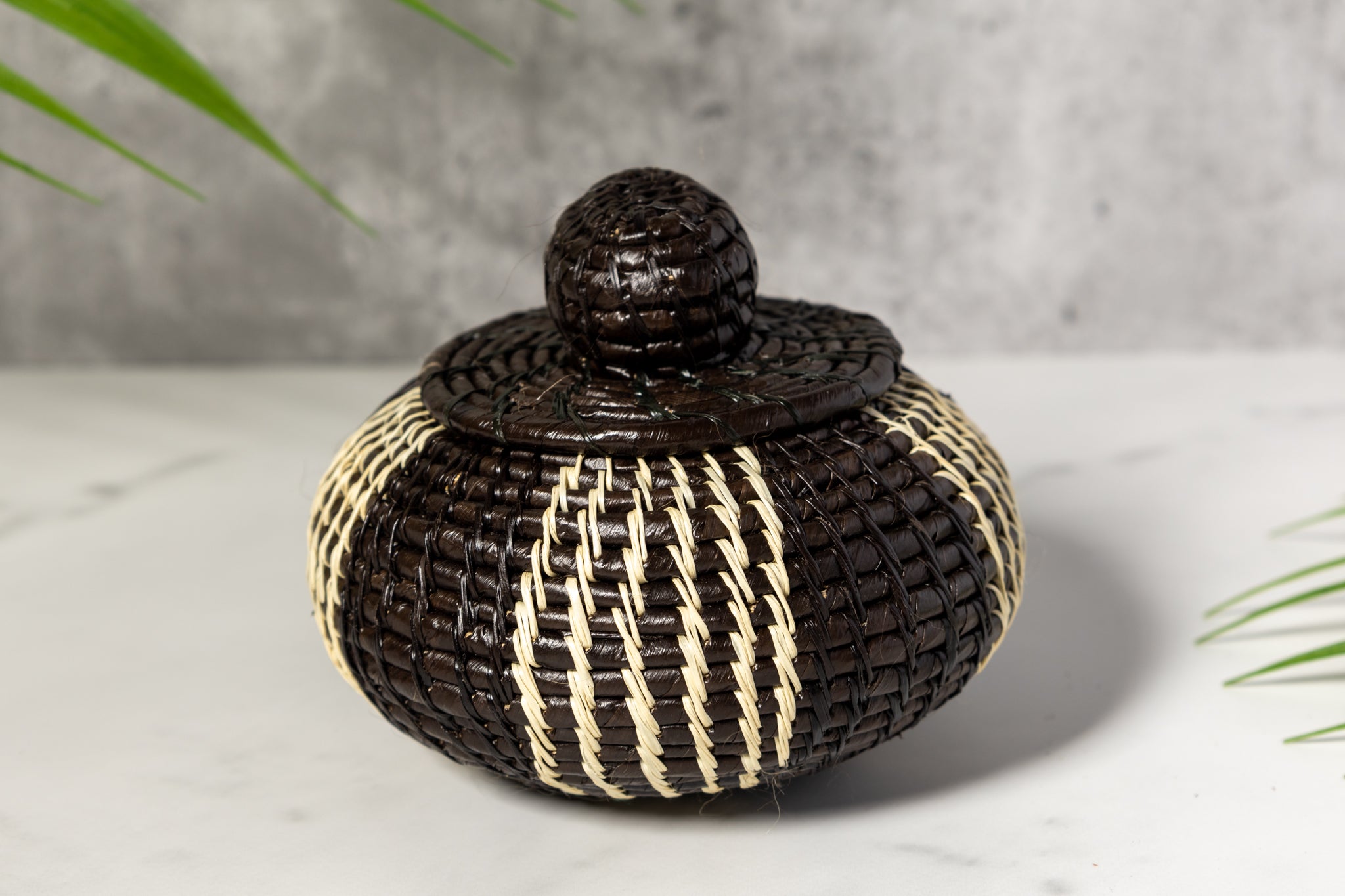 Black And White Woven Basket With Top