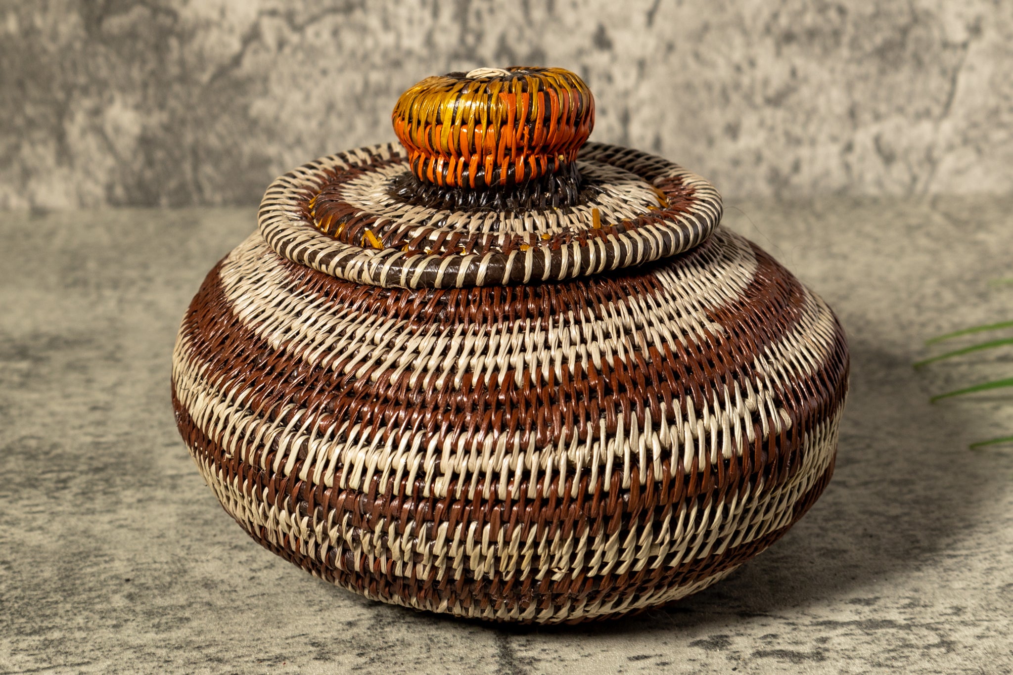 Brown And Gray Rings Woven Basket With Top