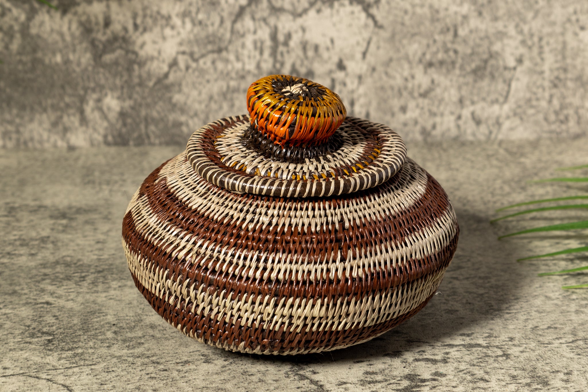 Brown And Gray Rings Woven Basket With Top